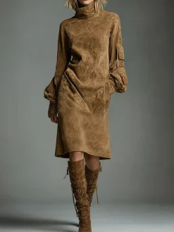 Urban Suede-Look Midi Dress with Pockets