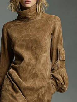 Urban Suede-Look Midi Dress with Pockets