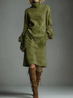 Urban Suede-Look Midi Dress with Pockets