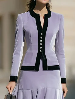 Urban Velvet Buttoned Color Block Crew Neck Jacket