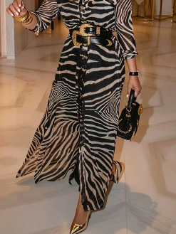 Urban Zebra Regular Sleeve Shirt Collar Maxi Dress No Belt