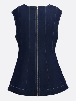 Urban Zipper Denim Sleeveless Top With Brooch