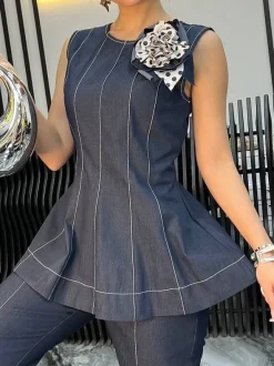 Urban Zipper Denim Sleeveless Top With Brooch