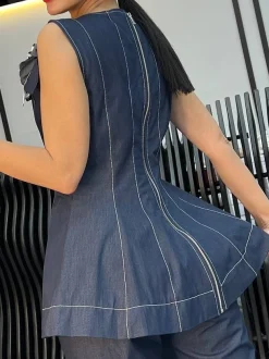 Urban Zipper Denim Sleeveless Top With Brooch