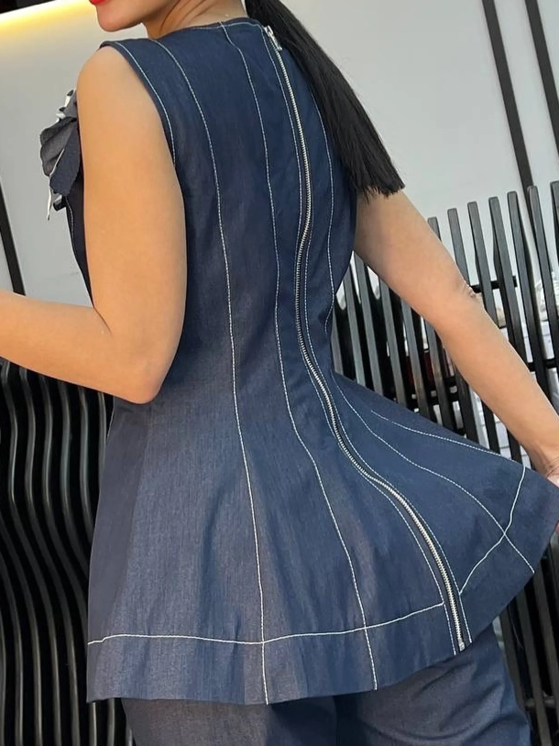 Urban Zipper Denim Sleeveless Top With Brooch
