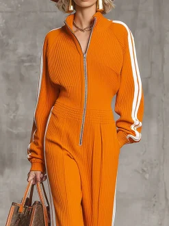 Urban Zipper Plain Stand Collar T-Shirt Jumpsuit