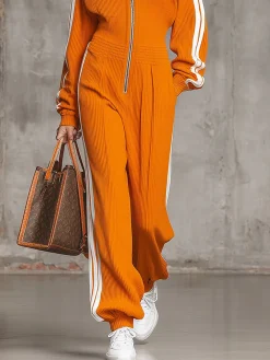Urban Zipper Plain Stand Collar T-Shirt Jumpsuit