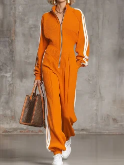 Urban Zipper Plain Stand Collar T-Shirt Jumpsuit