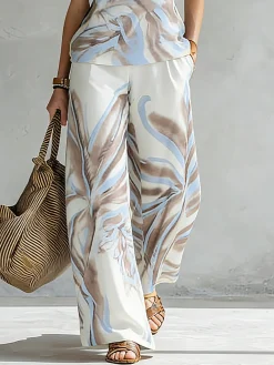 Vacation Botanical Pattern Printing Wide Leg Pants