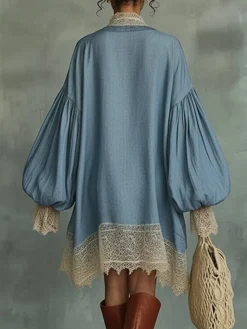 Vacation Color Block Balloon Sleeve Split Joint V Neck Mini Dress