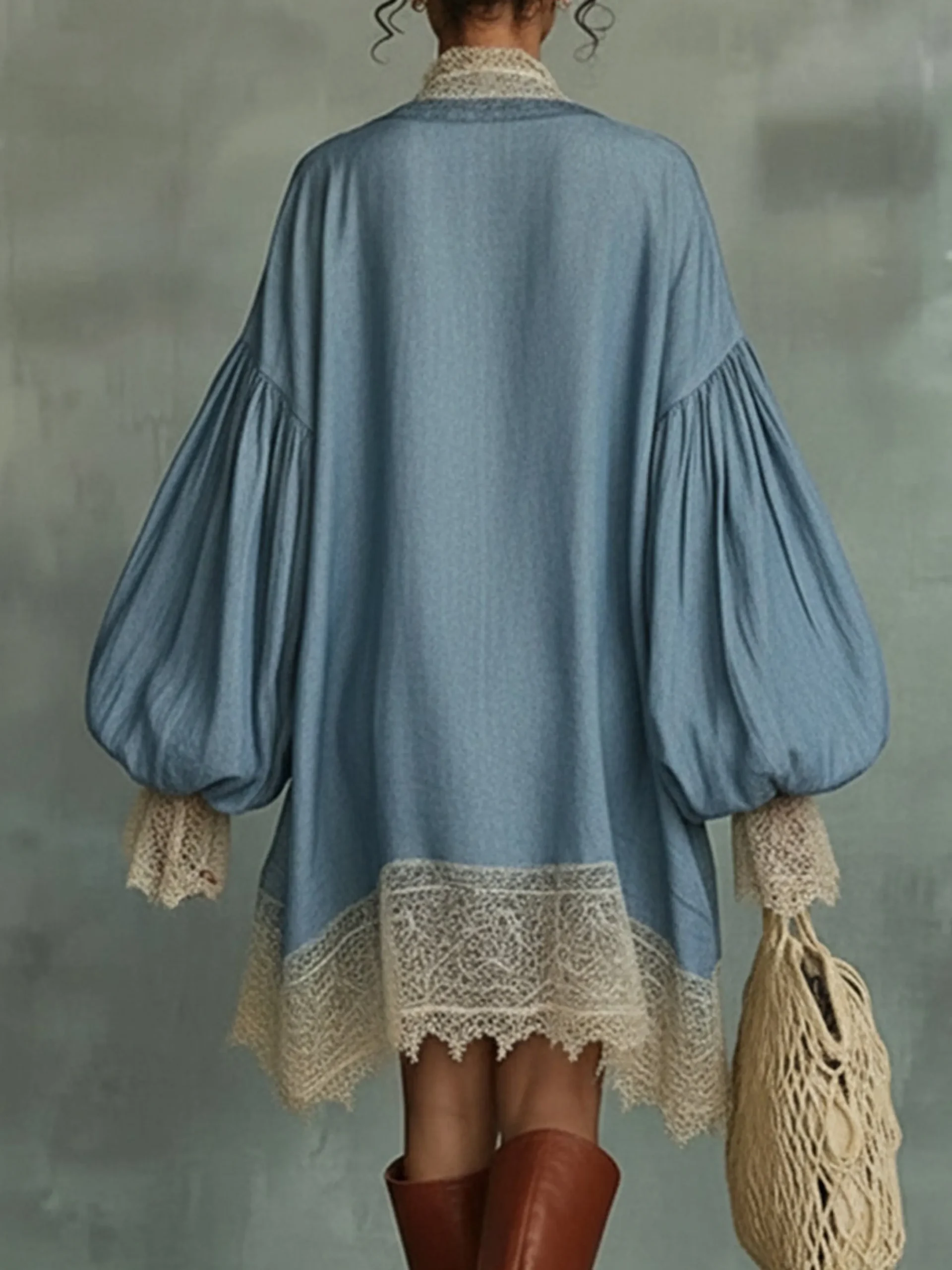 Vacation Color Block Balloon Sleeve Split Joint V Neck Mini Dress