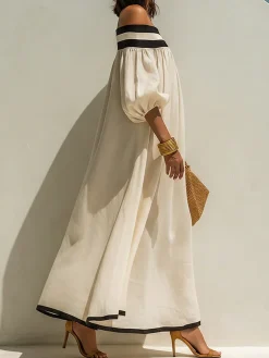 Vacation Color Block Cold Shoulder Cotton And Linen Maxi Dress