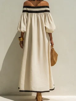 Vacation Color Block Cold Shoulder Cotton And Linen Maxi Dress