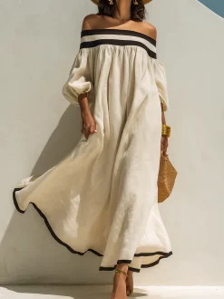 Vacation Color Block Cold Shoulder Cotton And Linen Maxi Dress