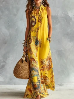 Vacation Ethnic Printing Shirt Collar Maxi Dress