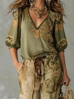 Vacation Ethnic Printing V Neck Puff Sleeve Blouse