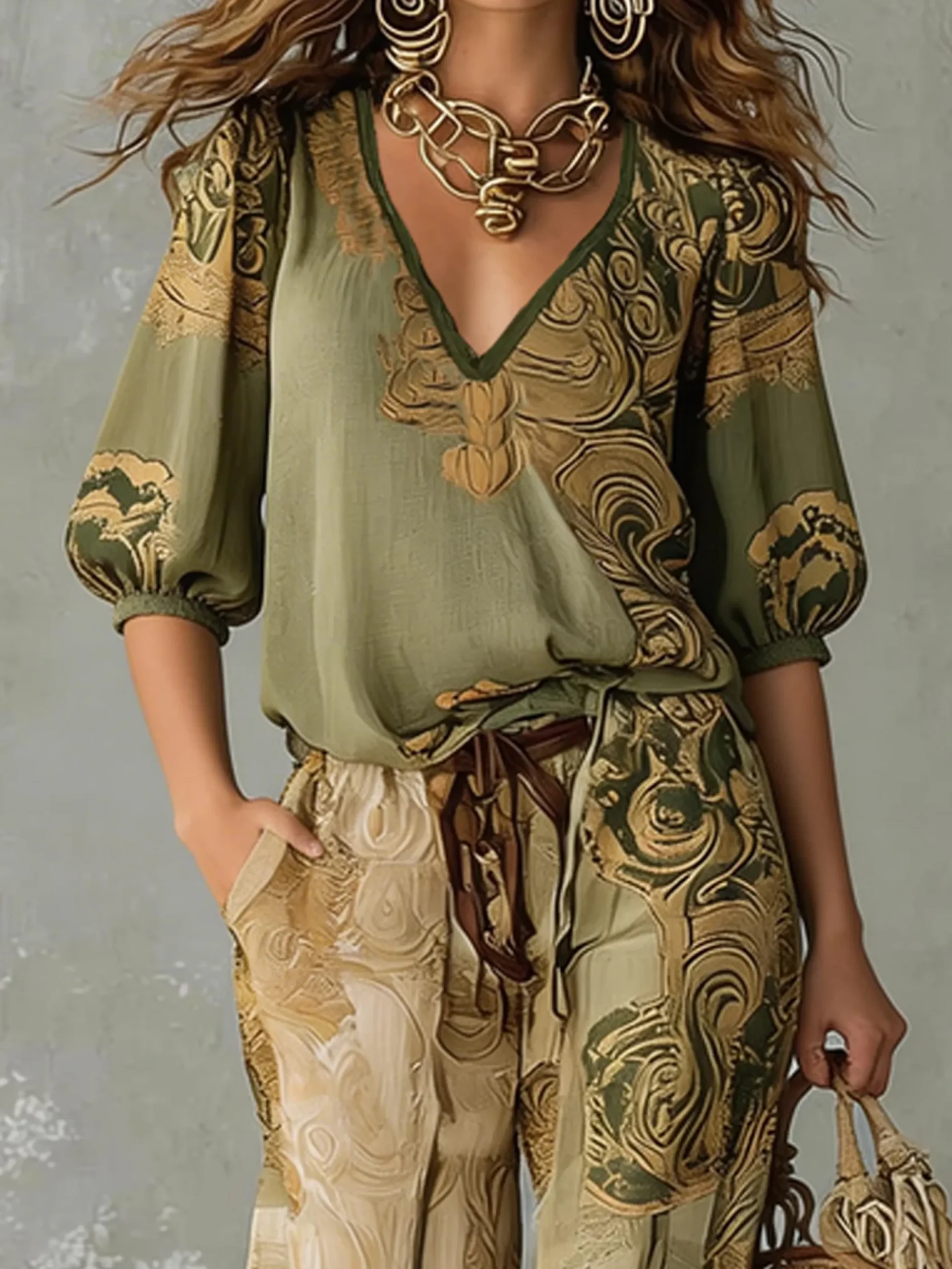 Vacation Ethnic Printing V Neck Puff Sleeve Blouse