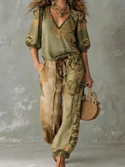 Vacation Ethnic Printing V Neck Puff Sleeve Blouse