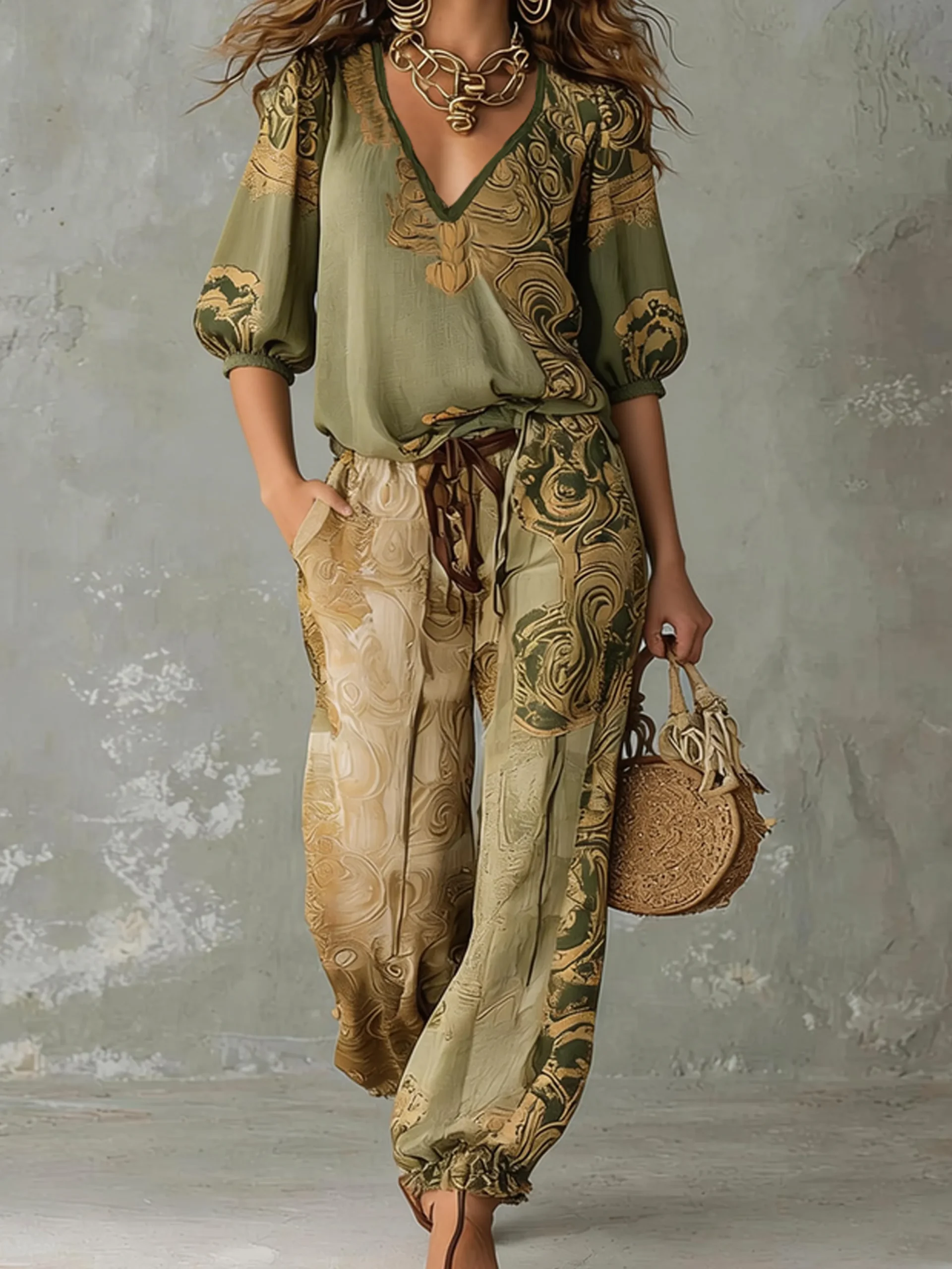 Vacation Ethnic Printing V Neck Puff Sleeve Blouse