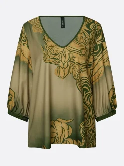 Vacation Ethnic Printing V Neck Puff Sleeve Blouse