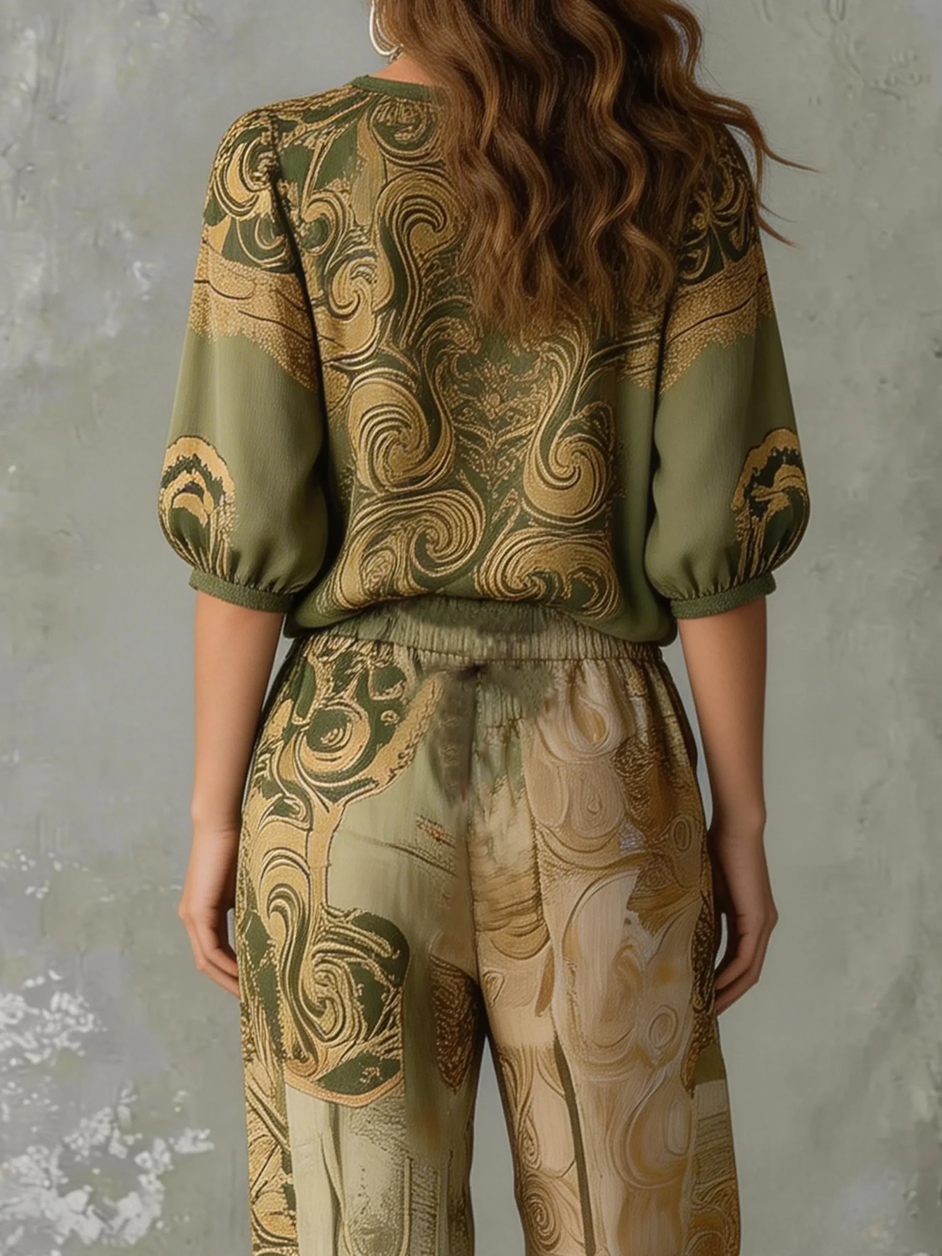 Vacation Ethnic Printing V Neck Puff Sleeve Blouse