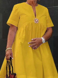 Vacation Floral Brooch Loose Plain Midi Dress