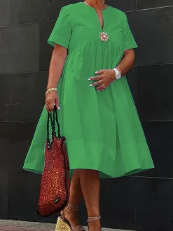 Vacation Floral Brooch Loose Plain Midi Dress