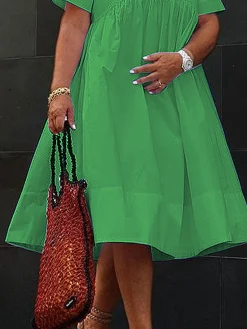 Vacation Floral Brooch Loose Plain Midi Dress