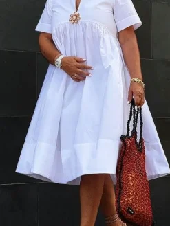 Vacation Floral Brooch Loose Plain Midi Dress