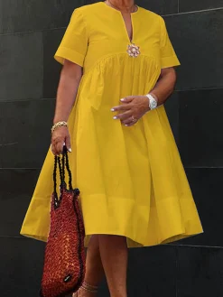 Vacation Floral Brooch Loose Plain Midi Dress