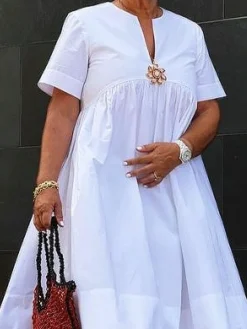 Vacation Floral Brooch Loose Plain Midi Dress