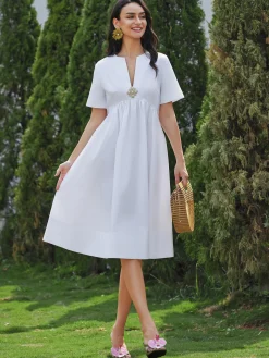 Vacation Floral Brooch Loose Plain Midi Dress