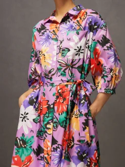 Vacation Floral Button-Front Belted Shirt Dress with Pocket