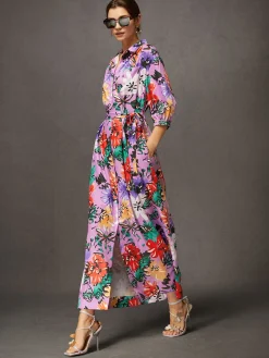 Vacation Floral Button-Front Belted Shirt Dress with Pocket