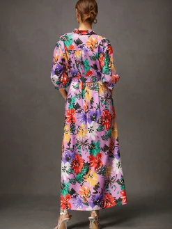Vacation Floral Button-Front Belted Shirt Dress with Pocket