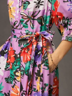 Vacation Floral Button-Front Belted Shirt Dress with Pocket
