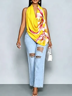 Vacation Floral Printing Cowl Neck Blouse