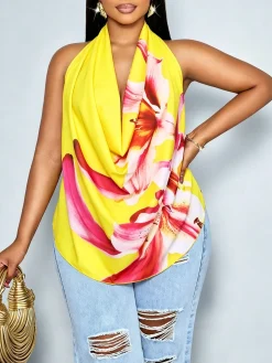 Vacation Floral Printing Cowl Neck Blouse