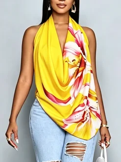 Vacation Floral Printing Cowl Neck Blouse