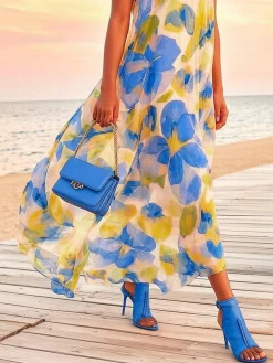 Vacation Floral Printing Mock Neck Maxi Dress