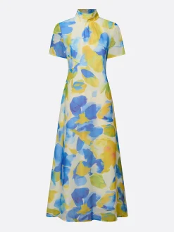 Vacation Floral Printing Mock Neck Maxi Dress