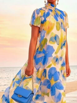 Vacation Floral Printing Mock Neck Maxi Dress