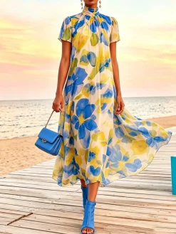 Vacation Floral Printing Mock Neck Maxi Dress