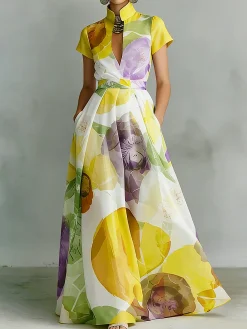 Vacation Floral Printing Stand Collar Maxi Dress