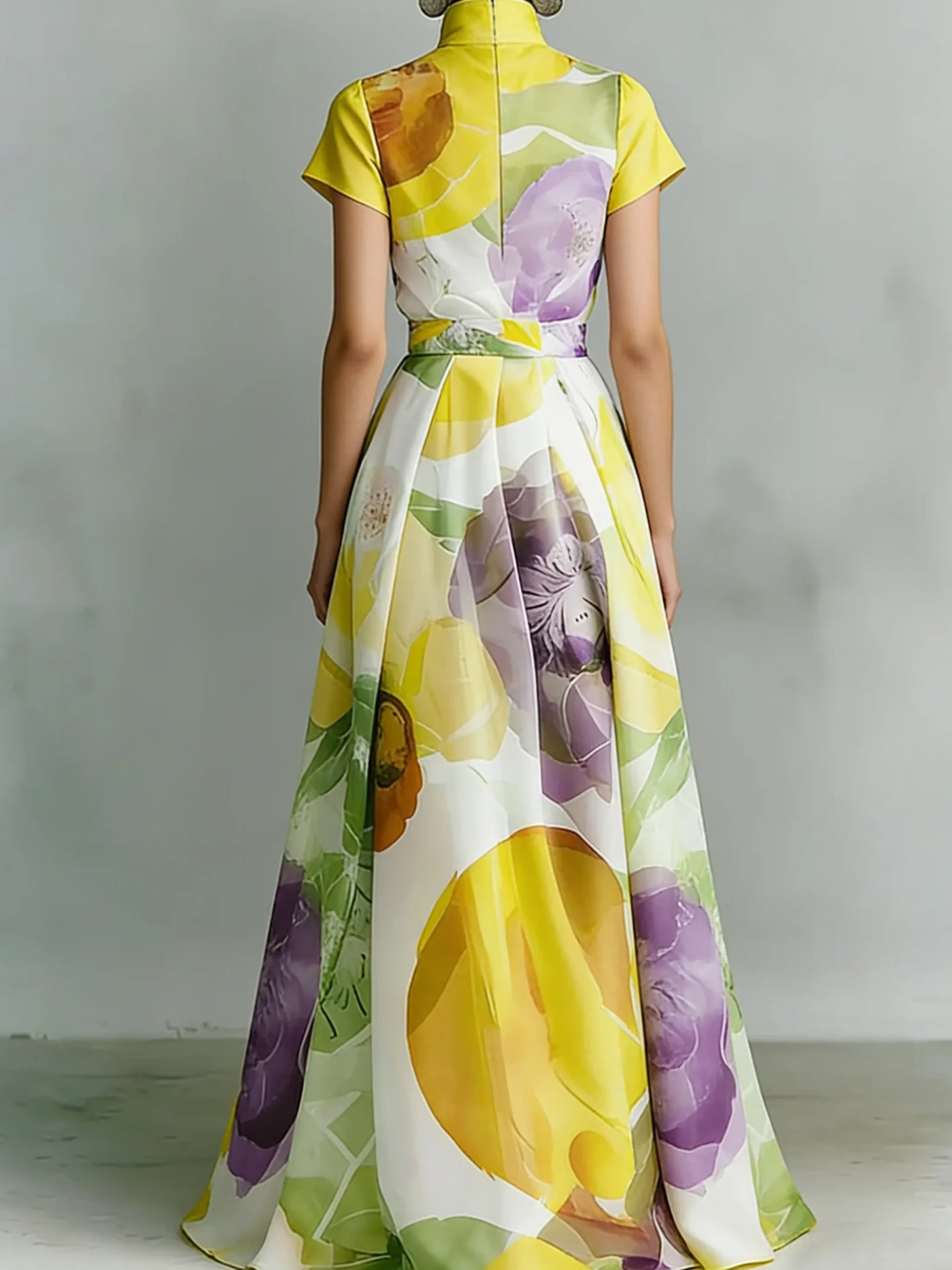 Vacation Floral Printing Stand Collar Maxi Dress