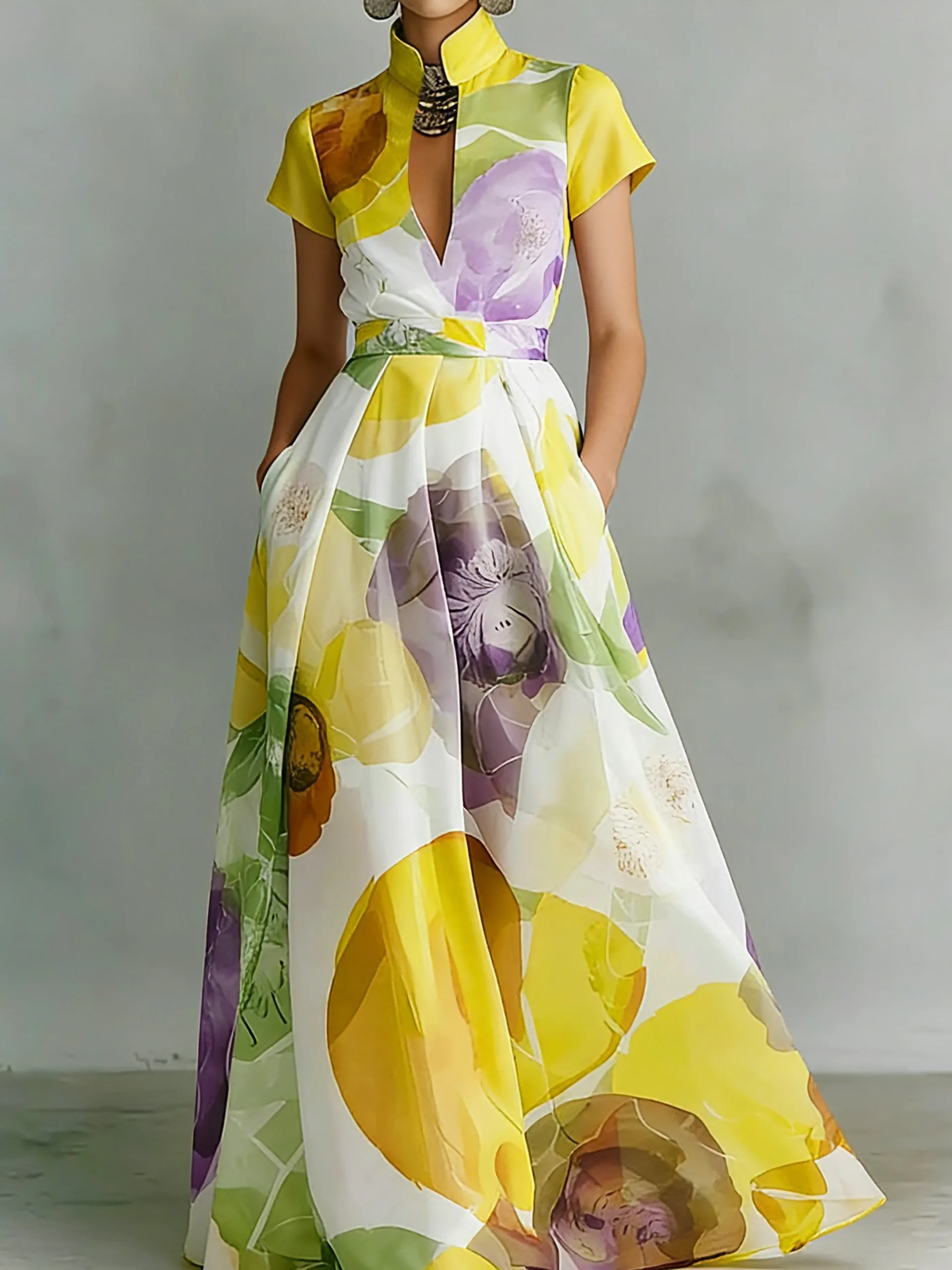 Vacation Floral Printing Stand Collar Maxi Dress