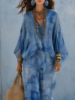 Vacation Geometric Printing V Neck Blouse