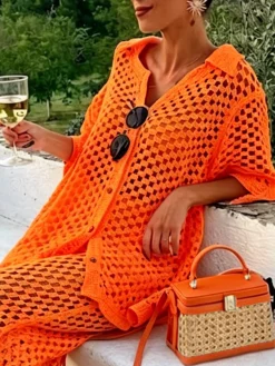 Vacation Plain Eyelet Shawl Collar Knit Top