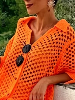 Vacation Plain Eyelet Shawl Collar Knit Top