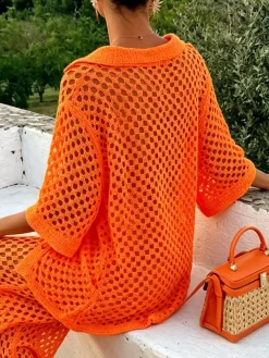 Vacation Plain Eyelet Shawl Collar Knit Top